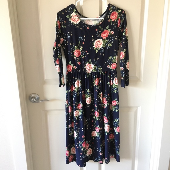 Modest Navy Floral Dress by Reborn J - Picture 1 of 2